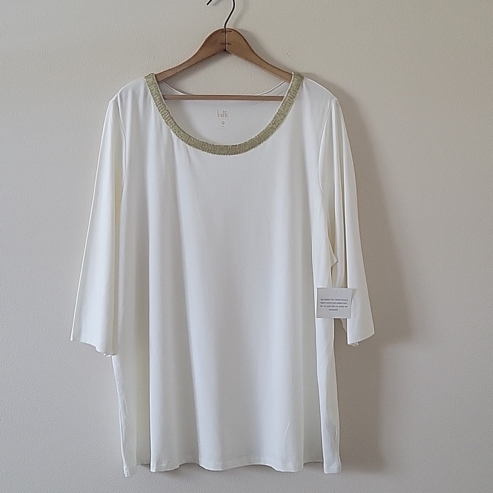 NWT Belle by‎ Kim Gravel White Tunic Gold Neckline Size 3X